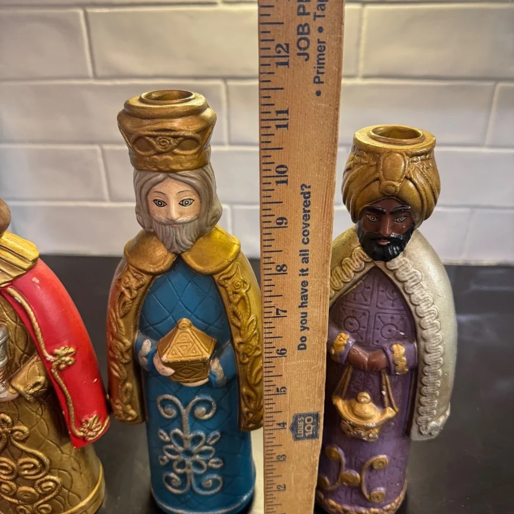 Three Wise Men Candle Holder Set Multicolor Painted Magi Decor Christmas